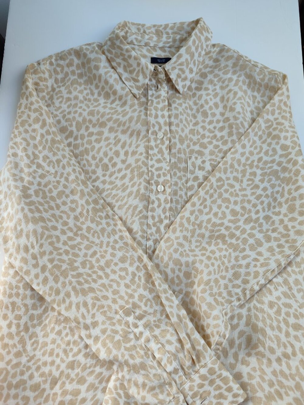 GAP 100% Linen Boyfriend Shirt Beige Leopard Print S